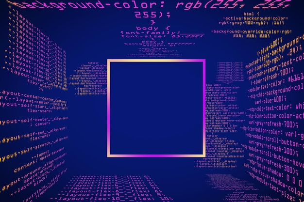 Creative glowing blue coding programming background with blank square mock up frame Big data and code concept 3D Rendering