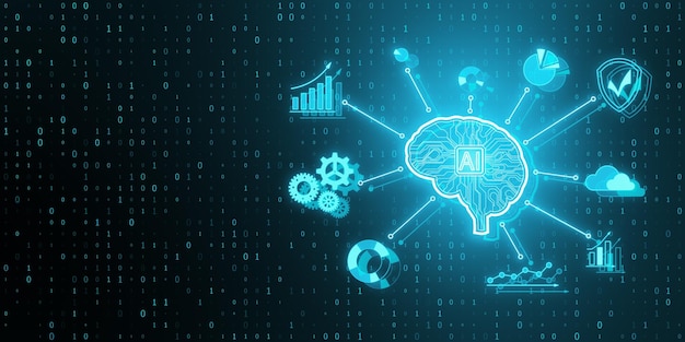 Creative glowing digital brain hologram on blurry blue background with binary coding AI and futuristic hud elements 3D Rendering