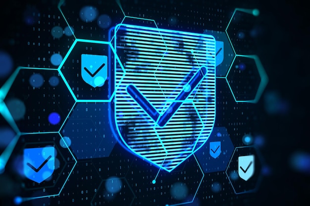 Creative glowing hexagonal shield hologram with binary coding on blurry backdrop Safety and internet concept 3D Rendering