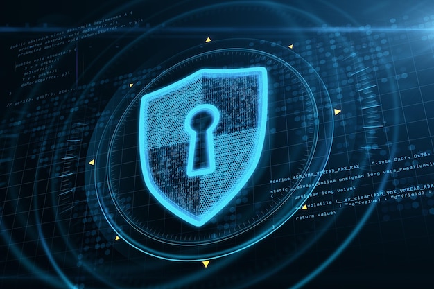 creative glowing keyhole shield interface on blurry background protection safety and technology concept 3d rendering