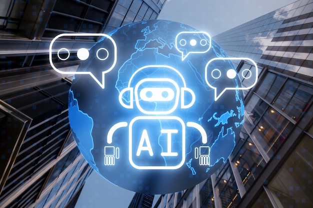 Creative glowing robot and globe ai hologram on blurry city buildings background Machine learning artificial intelligence and innovation concept Double exposure