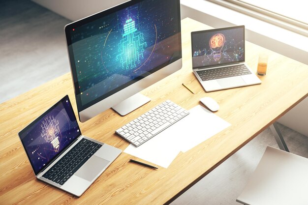 Creative idea concept with light bulb and microcircuit illustration on modern laptop screen Neural networks and machine learning concept 3D Rendering