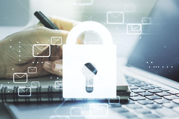 Creative light lock illustration with postal envelopes and hand writing in diary on background with laptop cyber security and email protection concept Multiexposure