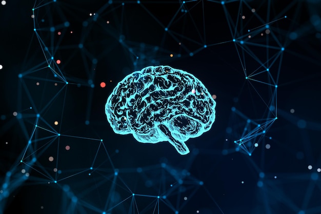 Creative polygonal brain hologram on dark background Neurology and anatomy concept 3D Rendering