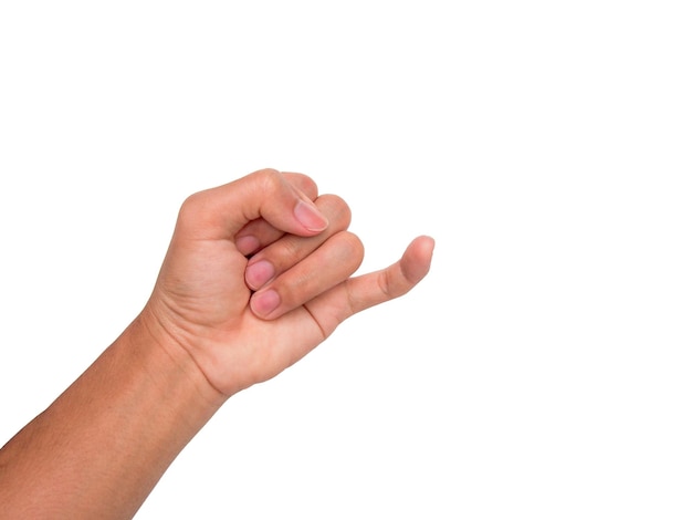 Cropped image of person showing pinky promise sign against white background