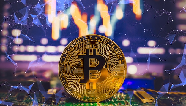 Cryptocurrency concept Golden bitcoin on mainboard The future of money Computational equipment