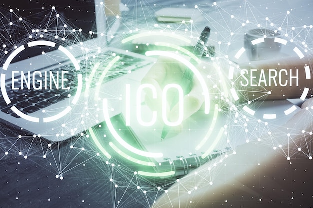 cryptocurrency hologram over hands taking notes background concept of blockchain multi exposure
