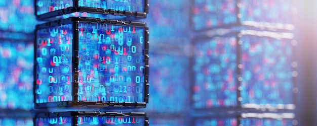 Cube with binary code Abstract tech background Abstract space background Digital technology background Computer code Digital technology background Blockchain Network Data Stream 3d rendering