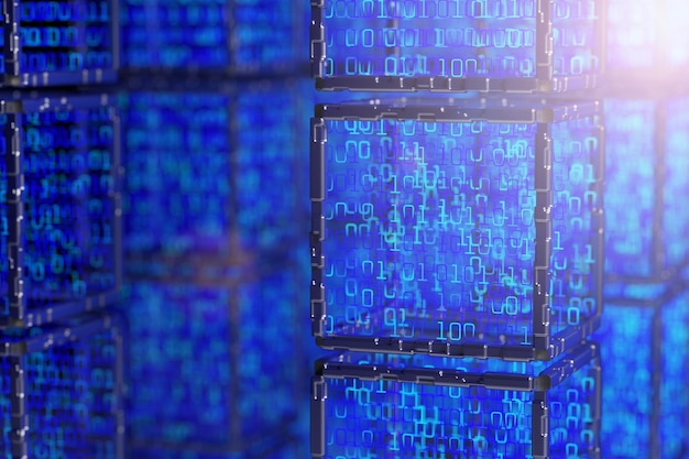 Cube with binary codeBlockchain Network Data Stream Abstract tech background Abstract space background Digital technology background Computer code 3d rendering