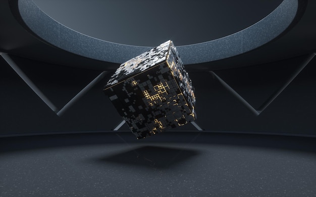 Cubes and materials with dark room 3d rendering