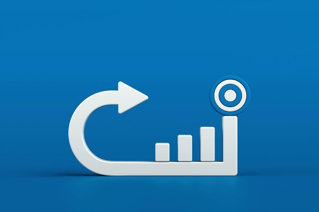 Curved arrow bar chart increasing towards target symbol representing business strategy goal