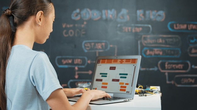 Cute asian girl programing system by using laptop at blackboard Edification