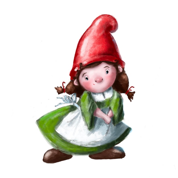 Cute little gnome girl in red hat hand drawn illustration watercolor pencils clipart