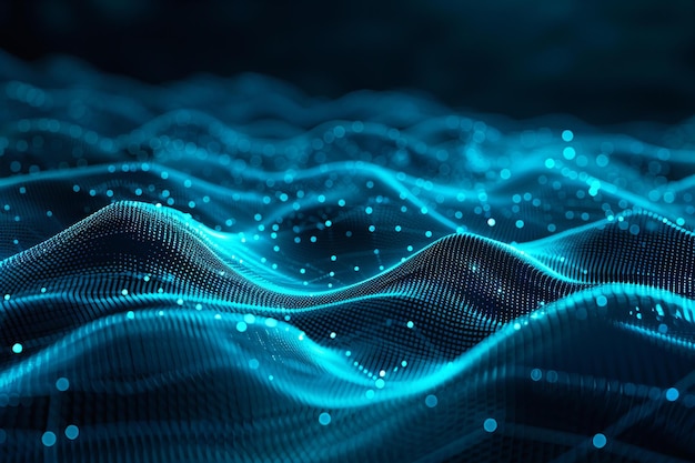 Cyan glowing dots on black background abstract digital landscape