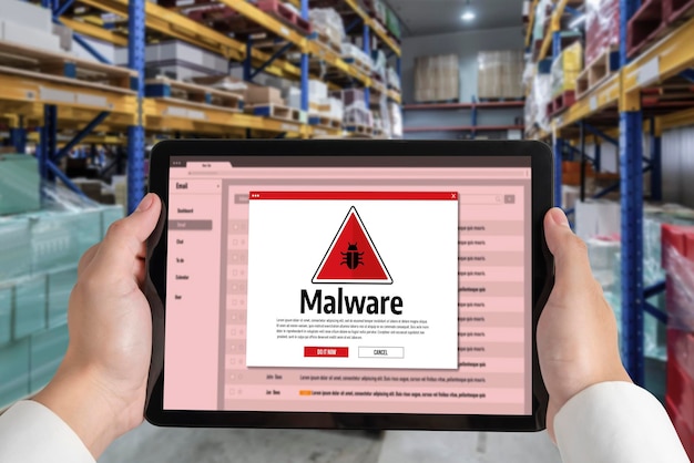 Cyber attack malware alert show computer screen display threat detected snugly
