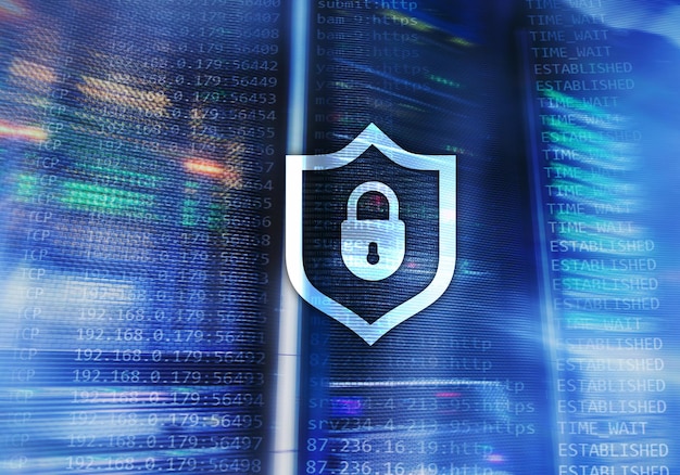 Cyber protection shield icon on server room background Information Security and virus detection