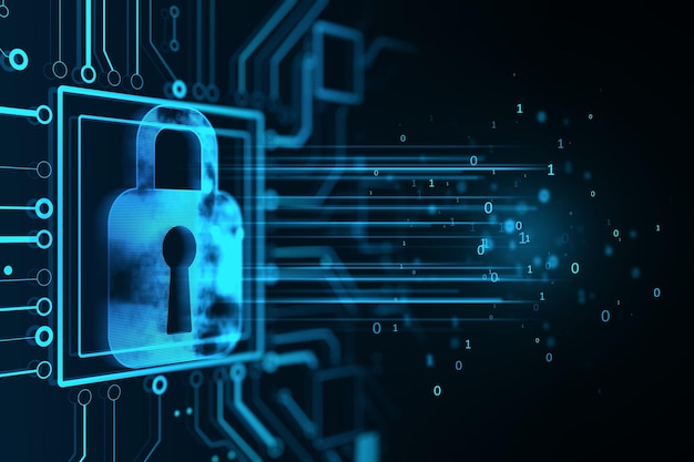 Cyber security and personal data protection concept with digital blue pad lock on dark technological background 3D rendering