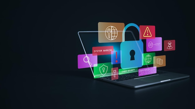 Cyber security and privacy concepts to protect data Lock icon and internet network security technology Screen computer show of protecting personal data on network system Virtual screen interfaces