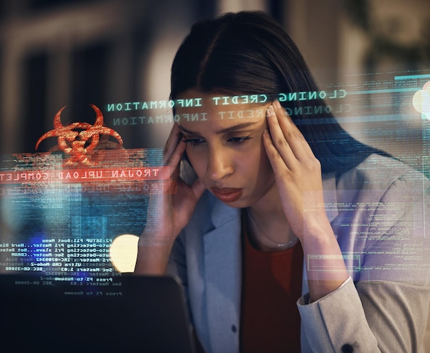 Cyber security hacking and data analytics employee tired from working on it software engineering glitch Big data cloud computing and information technology worker with credit database hacker