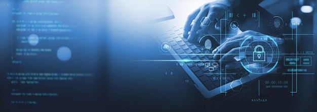 Cyber security network Data protection concept Businessman using laptop computer with digital padlock on internet technology networking with cloud computing and data management