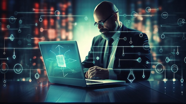 Cyber security network Padlock icon and internet technology networking Businessman protecting data personal information on laptop Internet network security and data protection privacy GDPR EU