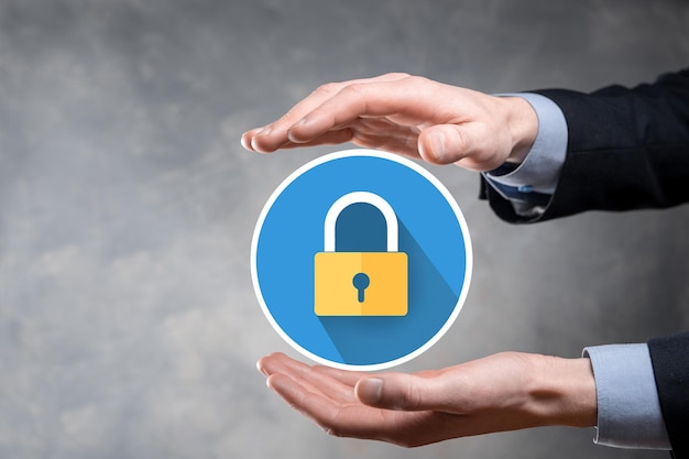 Cyber security network. Padlock icon and internet technology networking. Businessman protecting data personal information on tablet and virtual interface. Data protection privacy concept. GDPR. EU.
