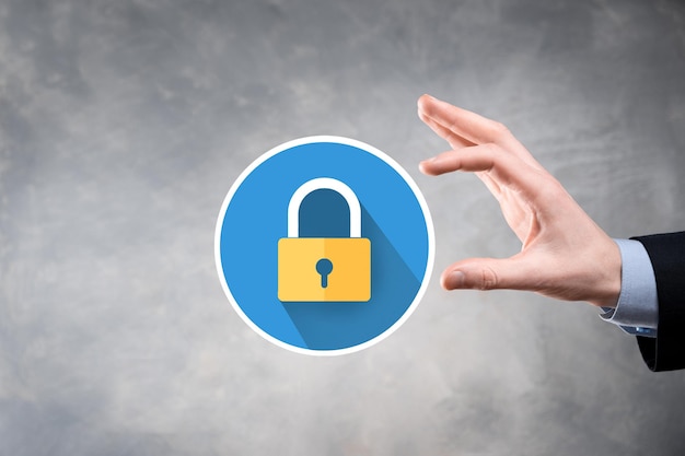 Cyber security network. Padlock icon and internet technology networking. Businessman protecting data personal information on tablet and virtual interface. Data protection privacy concept. GDPR. EU.
