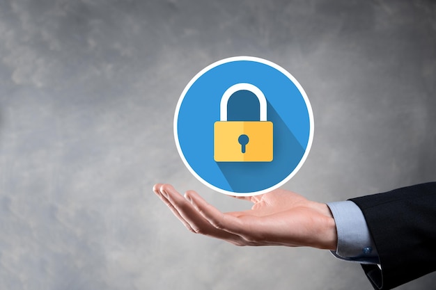 Cyber security network. Padlock icon and internet technology networking. Businessman protecting data personal information on tablet and virtual interface. Data protection privacy concept. GDPR. EU