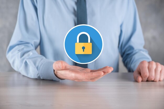 Cyber security network. Padlock icon and internet technology networking. Businessman protecting data personal information on tablet and virtual interface. Data protection privacy concept. GDPR. EU