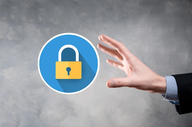 Cyber security network. Padlock icon and internet technology networking. Businessman protecting data personal information on tablet and virtual interface. Data protection privacy concept. GDPR. EU