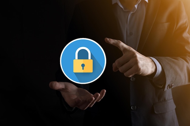 Cyber security network. Padlock icon and internet technology networking. Businessman protecting data personal information on tablet and virtual interface. Data protection privacy concept. GDPR. EU