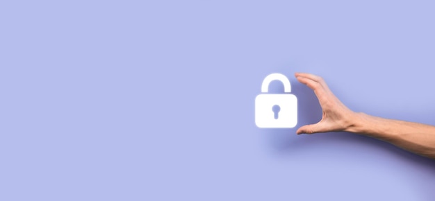 Cyber security network. Padlock icon and internet technology networking. Businessman protecting data personal information on virtual interface. Data protection privacy concept. GDPR. EU