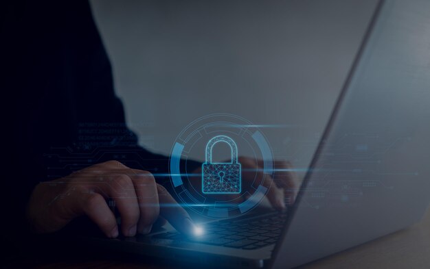 Cybersecurity and privacy concepts to protect data Lock icon and internet network security technology Businessman protecting personal data on smartphone virtual screen interfaces cyber security
