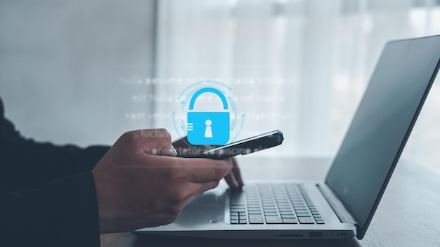 Cybersecurity and privacy concepts to protect data Lock icon and internet network security technology Businessman protecting personal data on smartphone virtual screen interfaces cyber security
