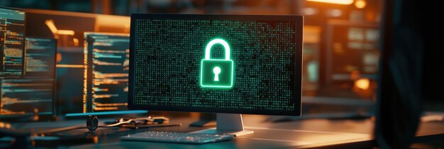 Cybersecurity efforts highlighted by a glowing padlock symbol on a computer monitor in a tech environment with data codes in the background