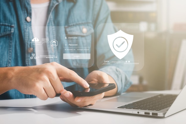 Cybersecurity internet and networking concept Close up of hand holding smartphone information security and encryption secure access to users personal information secure Internet access