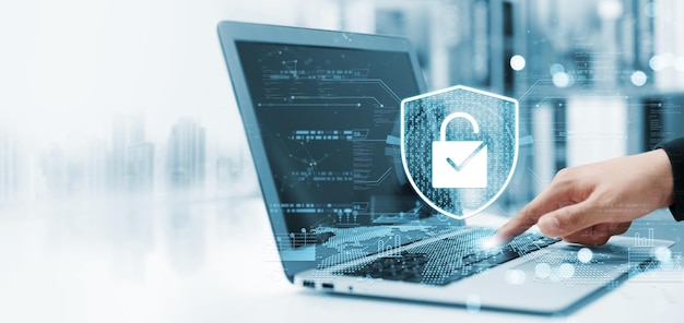 Cybersecurity privacy of data protection businessman using laptop Secure encryption technology security Internet access security encryption of user private data business confidentiality
