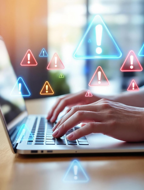Cybersecurity Threat Alert Person Typing on Laptop with Holographic Warning Symbols in Modern Office