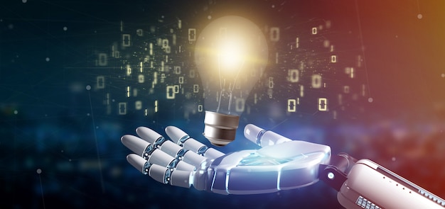 cyborg hand holding a bulb lamp idea concept with data all around 3d rendering