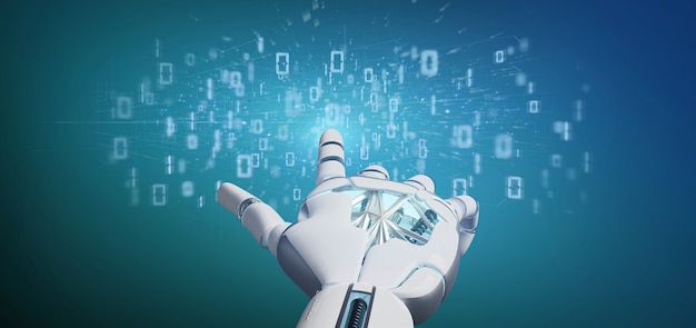 Cyborg hand holding a Data binary cloud  