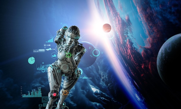 Cyborg shining silver woman running in space. Mixed media