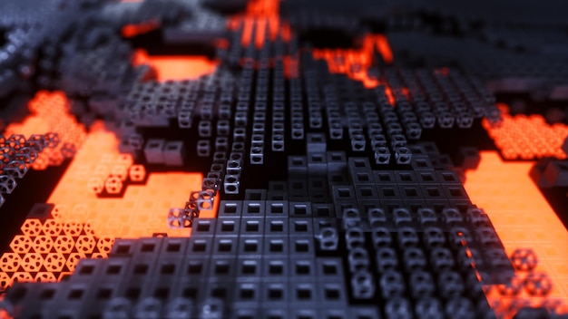 d animation of a digital landscape with glowing lavalike patterns among techgrid blocks