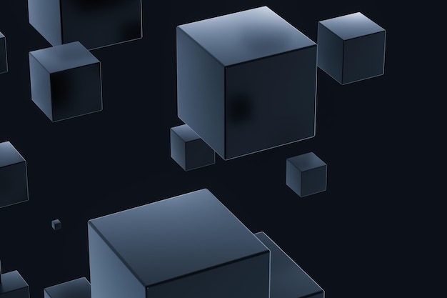 Dark cubes randomly distributed in the air 3d rendering