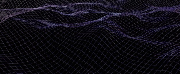 Dark mesh waves neon with flares of background. Glow grid purple water 3d render splashes