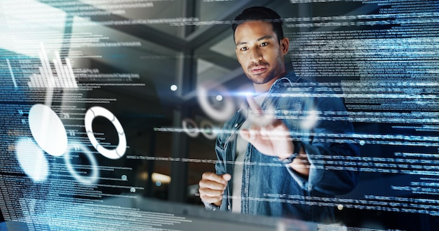 Dark office and man with data overlay digital coding and system management for crypto trading Future technology dashboard and programmer with hologram for cyber stocks analytics and online info