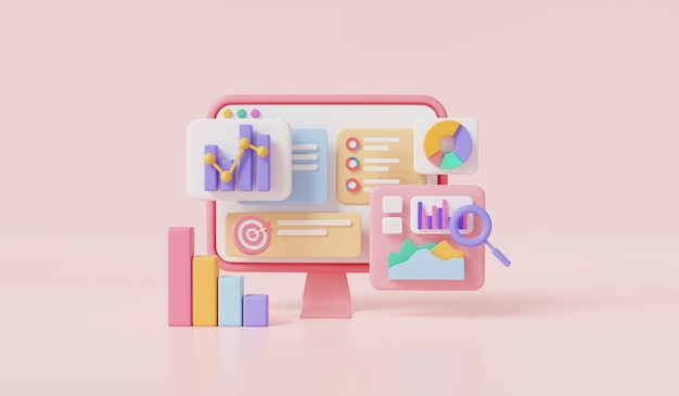 Dashboard and Business report chart with Data analytics and target about project management on pc Optimization statistics financial research report SEO optimization 3d icon render illustration