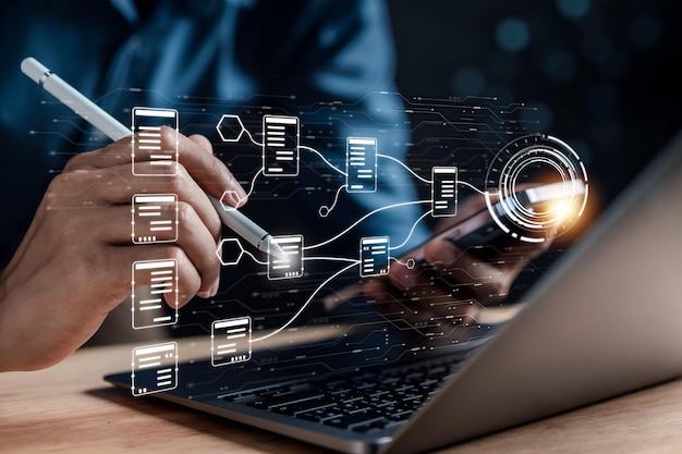 Data analysis of document ai artificial intelligence process with technology processor to planning business information data tech network corporate concept