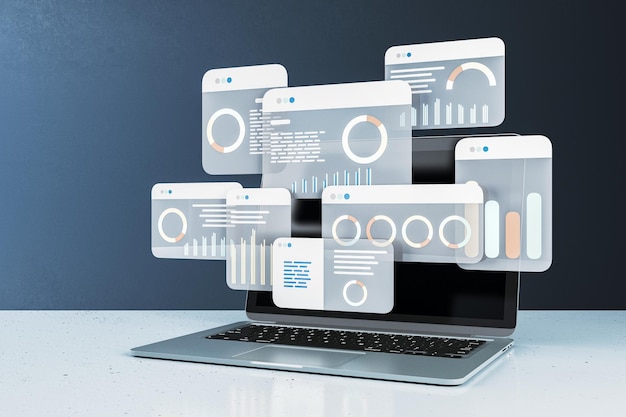 Data analytics interface on laptop screen with graphical elements 3D Rendering