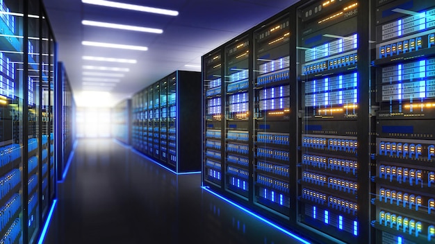 data center with multiple rows of fully operational server racks modern telecommunications