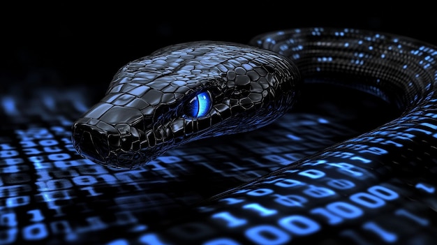 Data manipulation and Python programming are symbolized by a digital snake surrounded by binary code